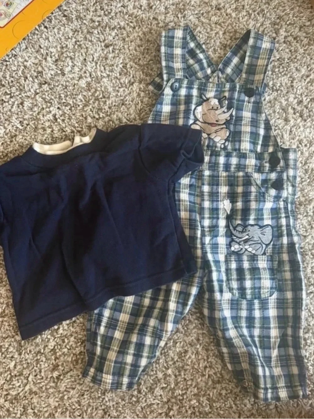 Vintage Blue Plaid Baby Overalls with Navy Tee - Elephant & Rhino Embroidery
